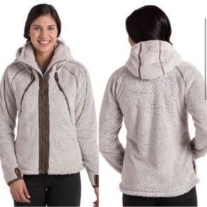 Kuhl Women's Flight Jacket Fleece Tan Stone Leather Trim Outdoor Size L